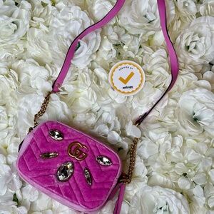 Gucci GG Pink Marmont Matelasse Velvet Crossbody Bag Rhinestones- Authentic